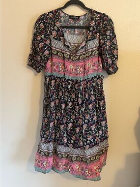 Suzanne Betro Navy and Pink Floral Midi Dress